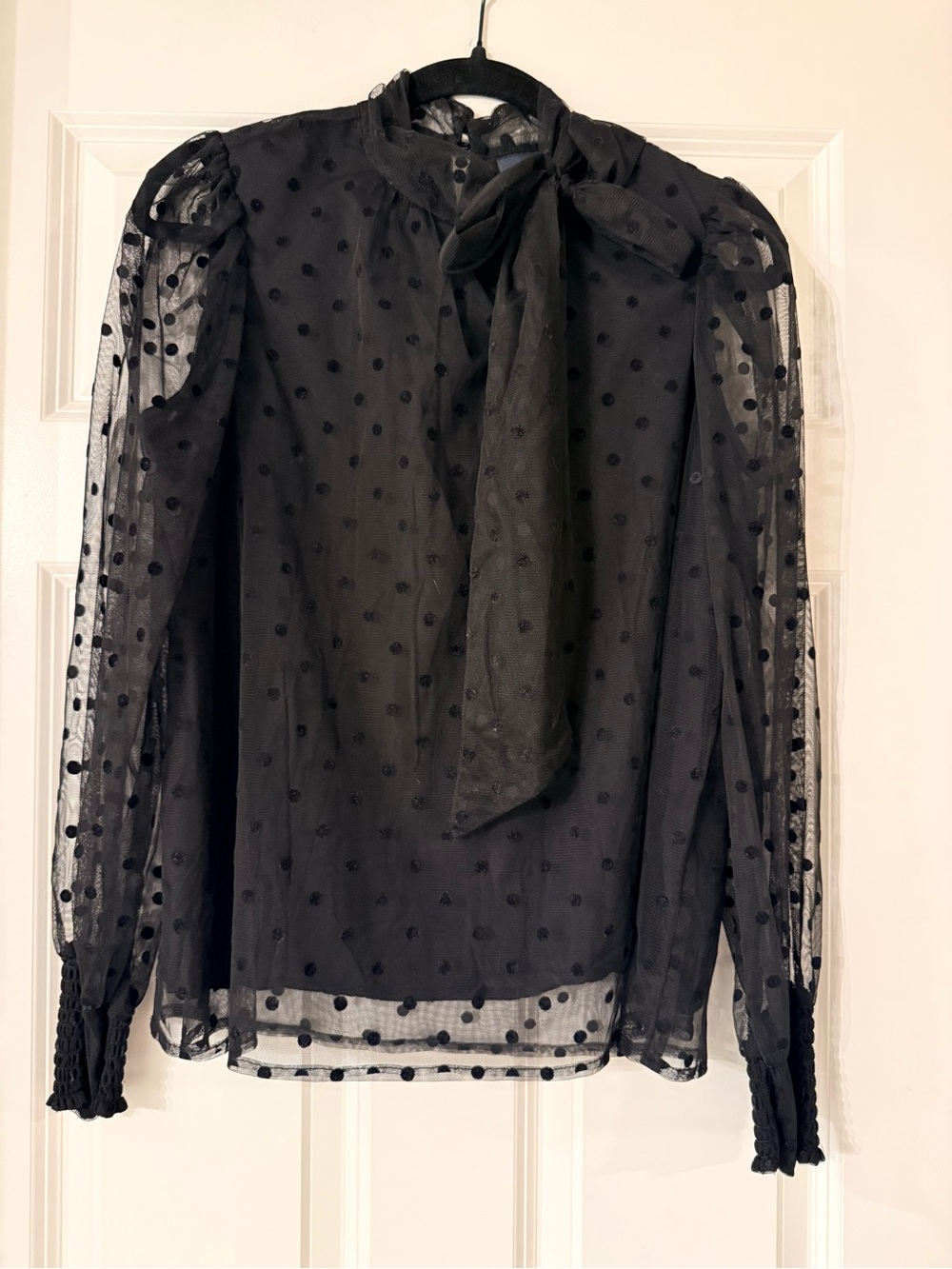 Maeve Sheer Black Polka Dot Tie-Neck Blouse - Picture 3 of 5